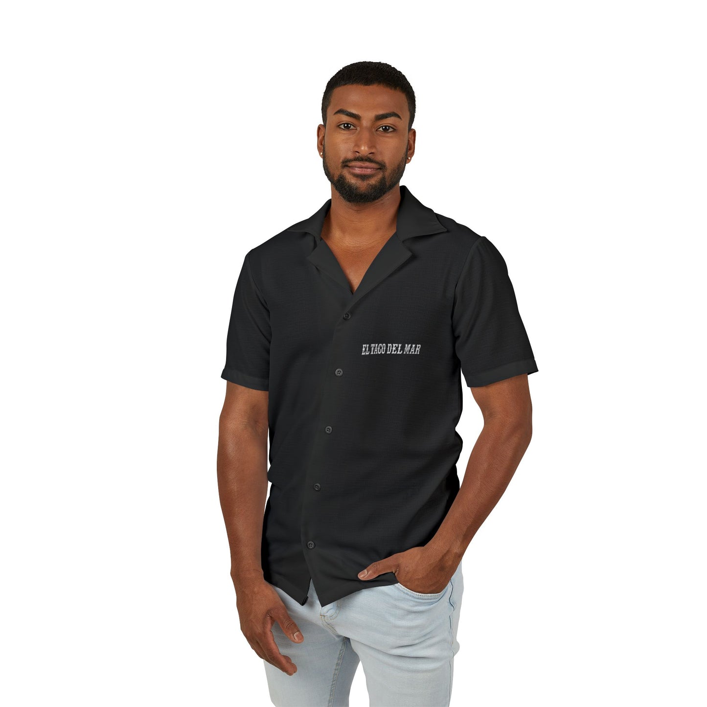 Men's Black Camp Shirt — Minimal 'EL TACO DEL MAR' Logo Hawaiian Shirt